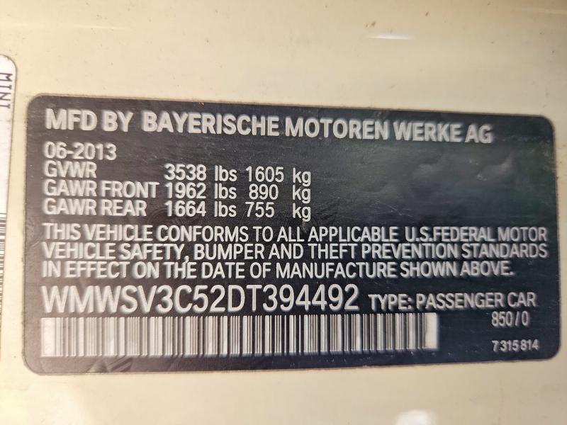 67739376 :رقم المزاد ، WMWSV3C52DT394492 vin ، 2013 Mini Cooper مزاد بيع