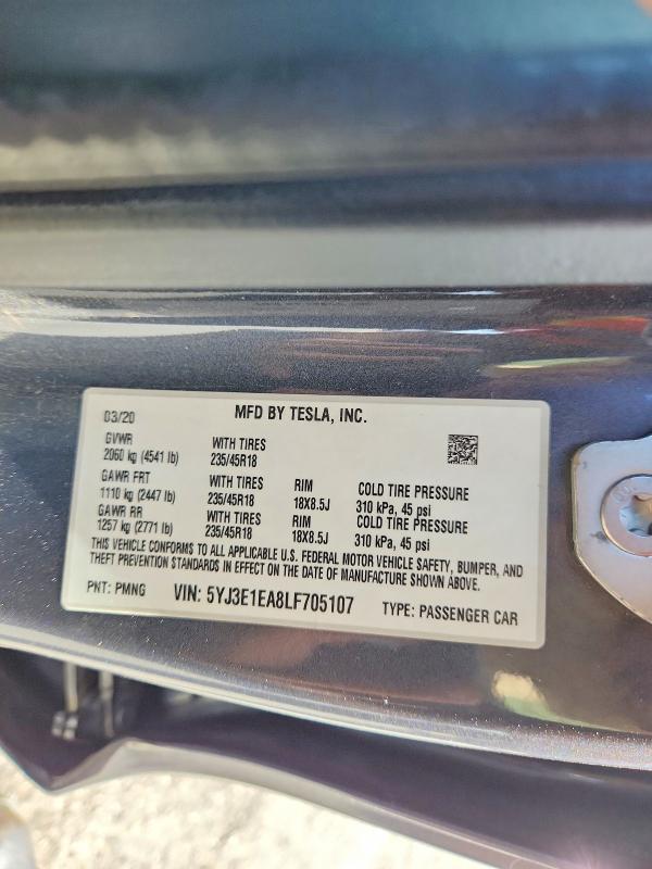 68883876 :رقم المزاد ، 5YJ3E1EA8LF705107 vin ، 2020 Tesla Model 3 مزاد بيع