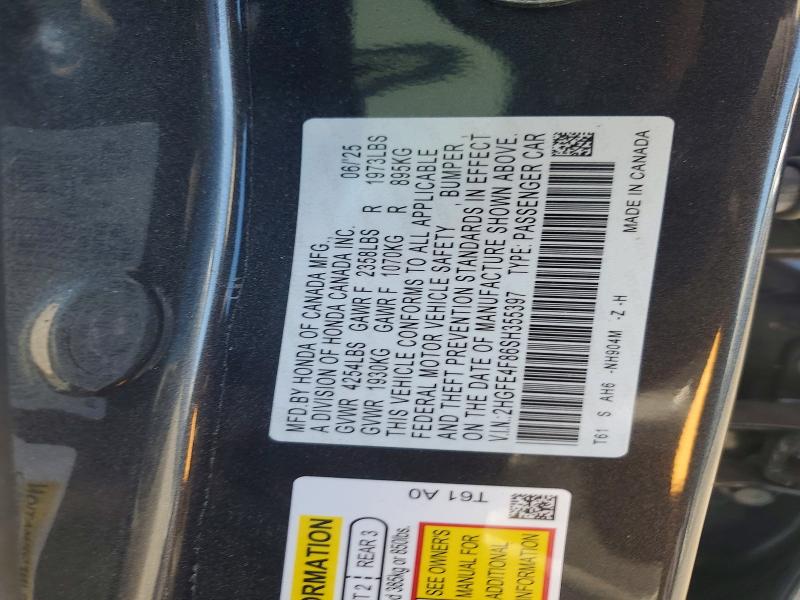 68265726 :رقم المزاد ، 2HGFE4F86SH355397 vin ، 2025 Honda Civic مزاد بيع