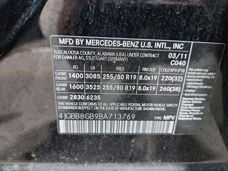 69538646 :رقم المزاد ، 4JGBB8GB9BA713769 vin ، 2011 Mercedes-benz Ml مزاد بيع