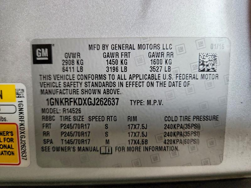 69503866 :رقم المزاد ، 1GNKRFKDXGJ262637 vin ، 2016 Chevrolet Traverse مزاد بيع