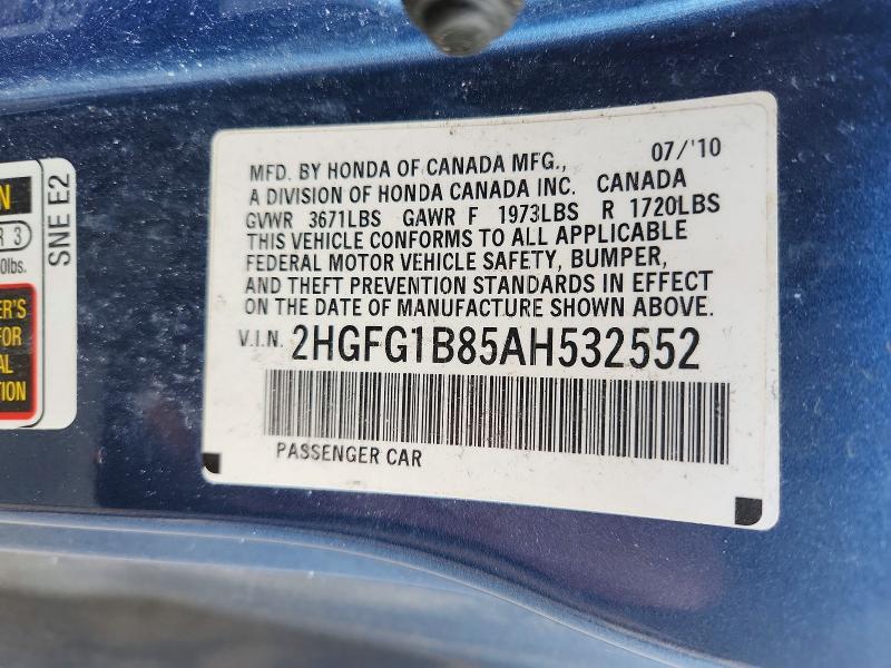 Продаж на аукціоні авто 2010 Honda Civic, vin: 2HGFG1B85AH532552, номер лоту: 70429056