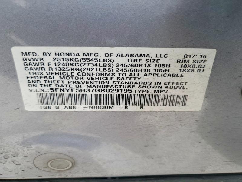 Продаж на аукціоні авто 2016 Honda Pilot, vin: 5FNYF5H37GB029195, номер лоту: 69033516