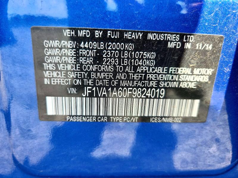 2015 Subaru Wrx მანქანა იყიდება აუქციონზე, vin: JF1VA1A60F9824019, აუქციონის ნომერი: 68654116