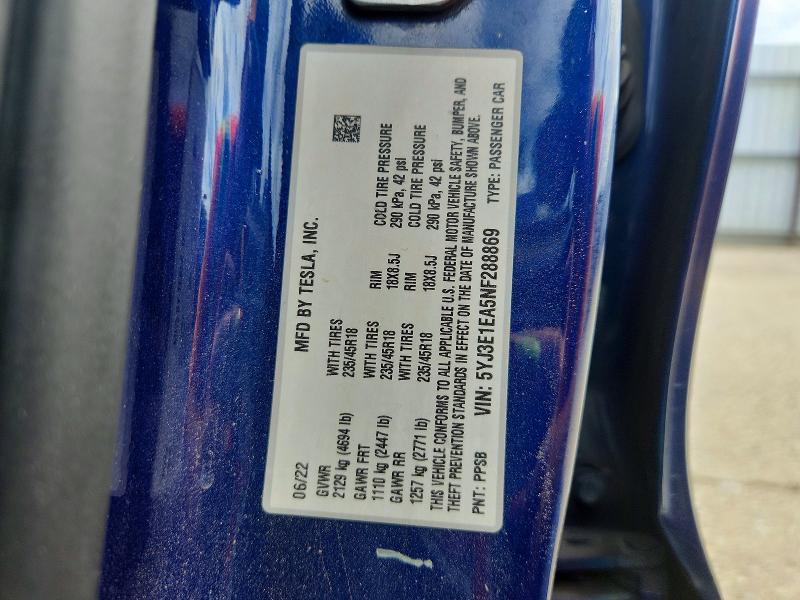 68190266 :رقم المزاد ، 5YJ3E1EA5NF288869 vin ، 2022 Tesla Model 3 مزاد بيع