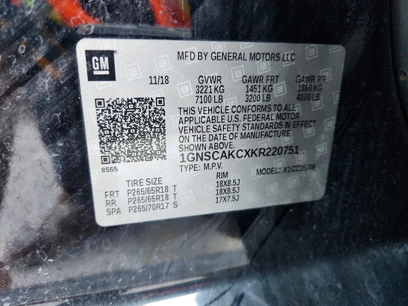 68019236 :رقم المزاد ، 1GNSCAKCXKR220751 vin ، 2019 Chevrolet Tahoe مزاد بيع