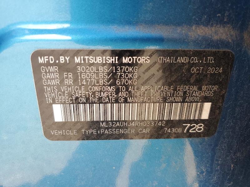 2024 Mitsubishi Mirage მანქანა იყიდება აუქციონზე, vin: ML32AUHJ4RH033742, აუქციონის ნომერი: 67421646