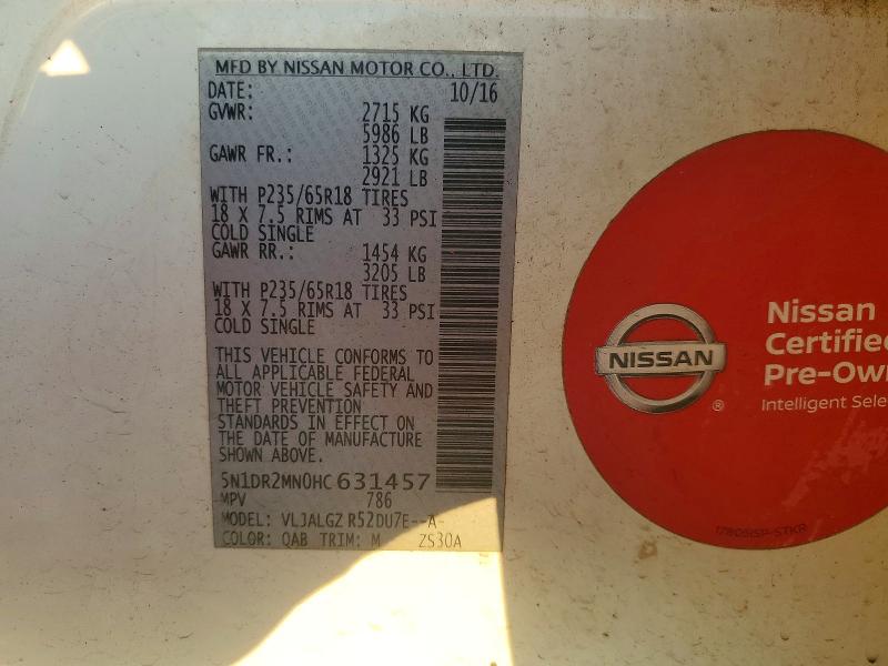 67367156 :رقم المزاد ، 5N1DR2MN0HC631457 vin ، 2017 Nissan Pathfinder مزاد بيع