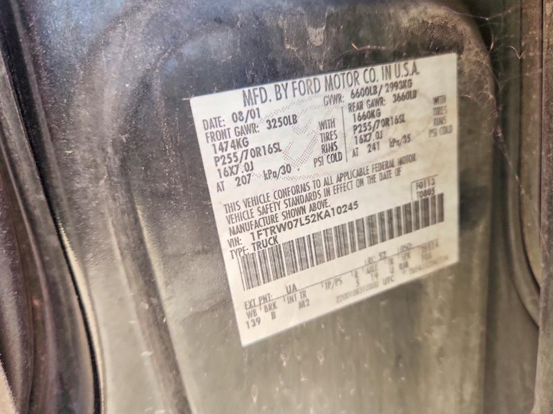2002 Ford F-150 მანქანა იყიდება აუქციონზე, vin: 1FTRW07L52KA10245, აუქციონის ნომერი: 67337356