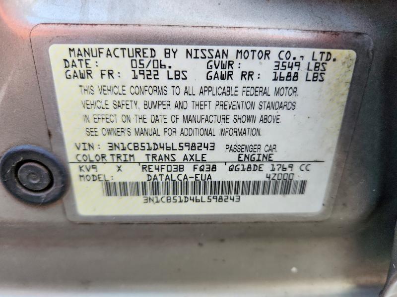 68566756 :رقم المزاد ، 3N1CB51D46L598243 vin ، 2006 Nissan Sentra مزاد بيع