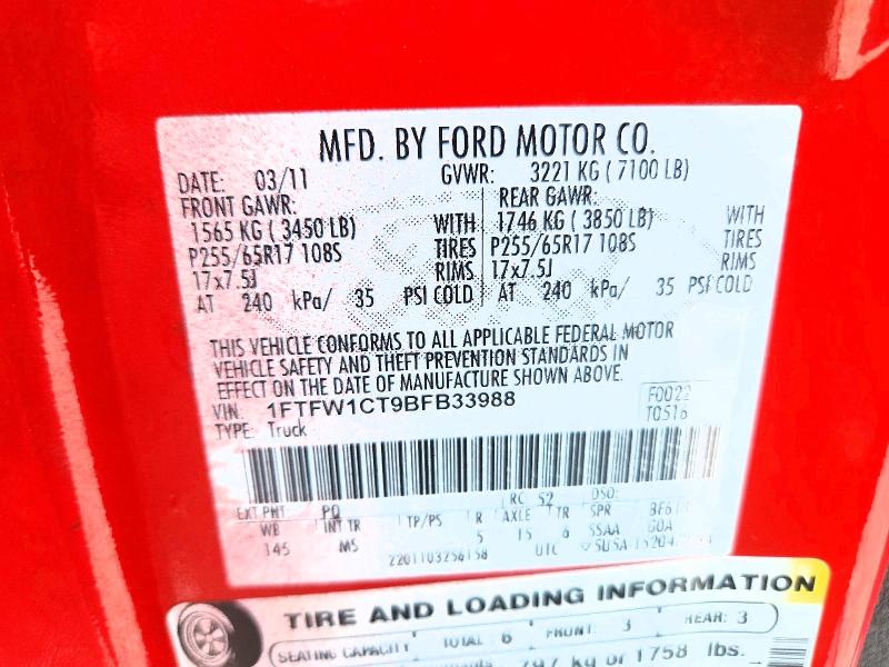 67484056 :رقم المزاد ، 1FTFW1CT9BFB33988 vin ، 2011 Ford F150 مزاد بيع