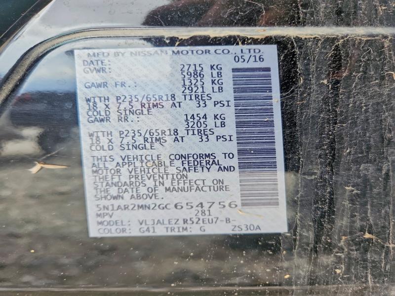 69752796 :رقم المزاد ، 5N1AR2MN2GC654756 vin ، 2016 Nissan Pathfinder مزاد بيع