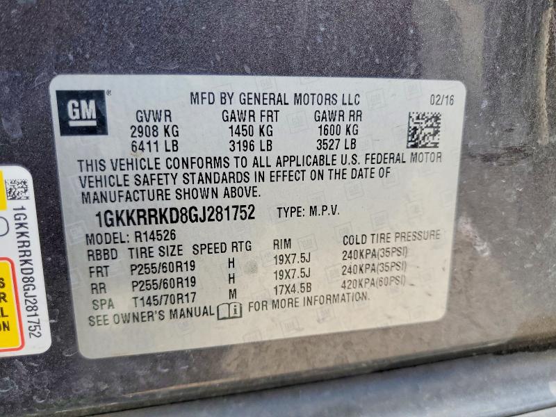69033786 :رقم المزاد ، 1GKKRRKD8GJ281752 vin ، 2016 Gmc Acadia مزاد بيع