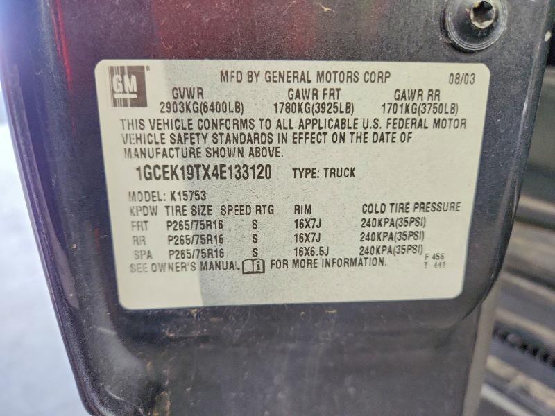 69722866 :رقم المزاد ، 1GCEK19TX4E133120 vin ، 2004 Chevrolet Silverado مزاد بيع