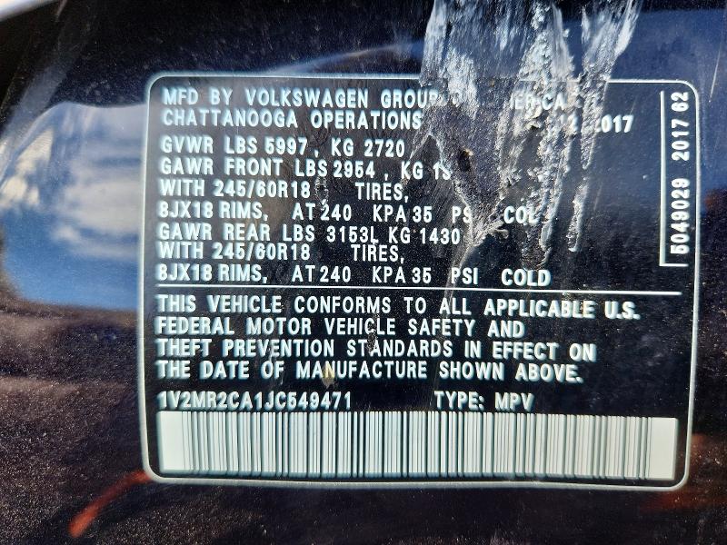 2018 Volkswagen Atlas მანქანა იყიდება აუქციონზე, vin: 1V2MR2CA1JC549471, აუქციონის ნომერი: 68159426