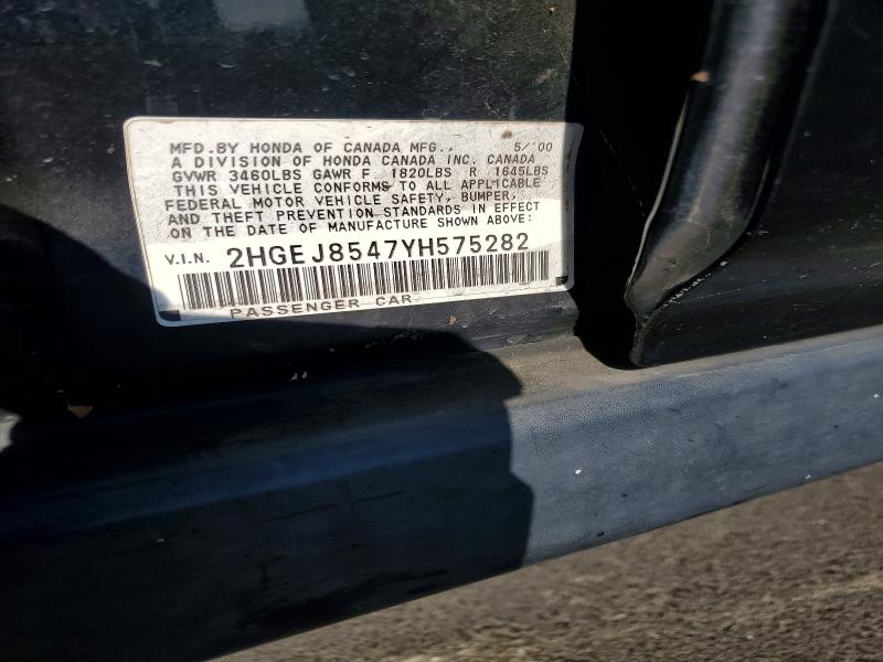 Aukcja sprzedaży 2000 Honda Civic, vin: 2HGEJ8547YH575282, numer aukcji: 69631286