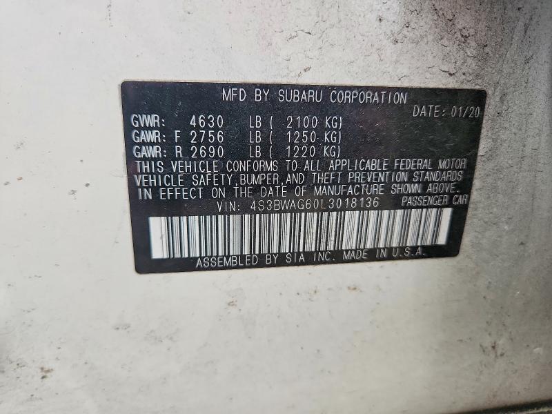 2020 Subaru Legacy მანქანა იყიდება აუქციონზე, vin: 4S3BWAG60L3018136, აუქციონის ნომერი: 67560306