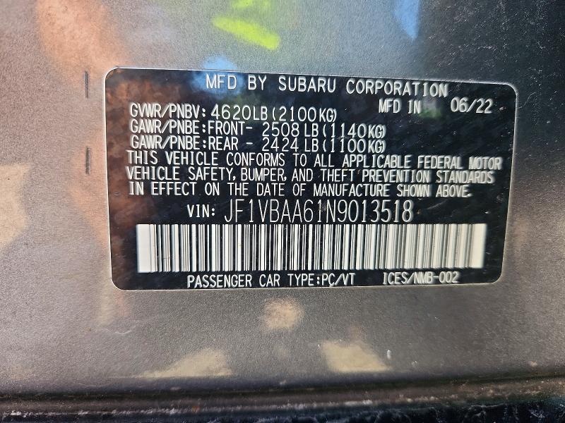 Продажа на аукционе авто 2022 Subaru Wrx, vin: JF1VBAA61N9013518, номер лота: 69545606