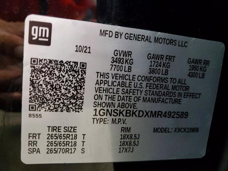 68016716 :رقم المزاد ، 1GNSKBKDXMR492589 vin ، 2021 Chevrolet Suburban مزاد بيع