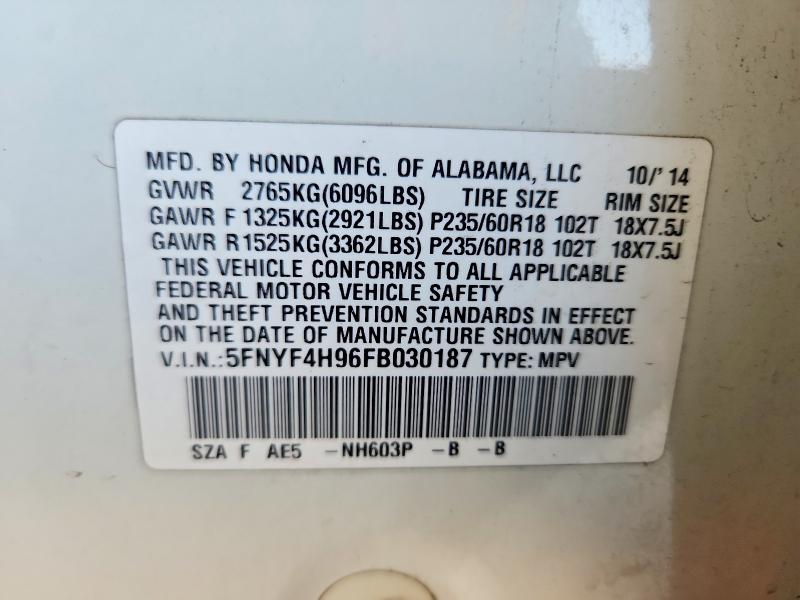 Продаж на аукціоні авто 2015 Honda Pilot, vin: 5FNYF4H96FB030187, номер лоту: 69000576