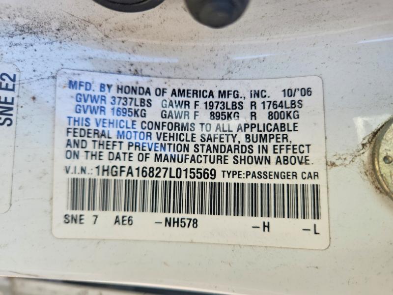 66840206 :رقم المزاد ، 1HGFA16827L015569 vin ، 2007 Honda Civic مزاد بيع