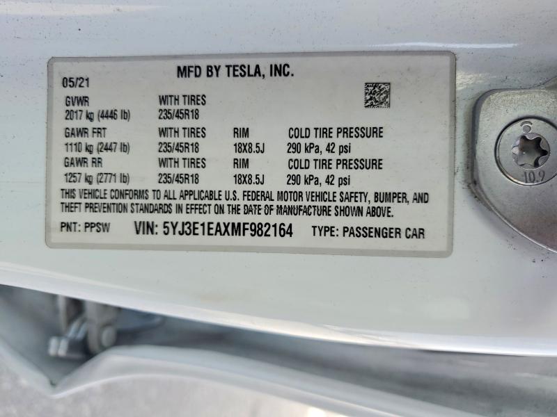 Продаж на аукціоні авто 2021 Tesla Model 3, vin: 5YJ3E1EAXMF982164, номер лоту: 68305586