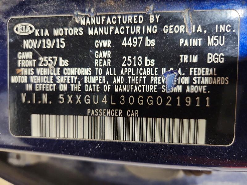 Auction sale of the 2016 Kia Optima, vin: 5XXGU4L30GG021911, lot number: 67417896