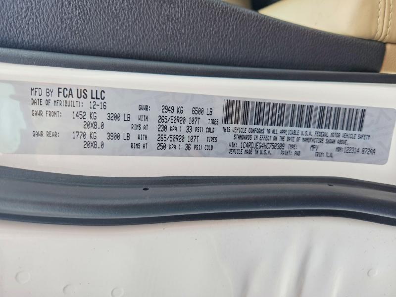 2017 Dodge Durango მანქანა იყიდება აუქციონზე, vin: 1C4RDJEG4HC758389, აუქციონის ნომერი: 64319676