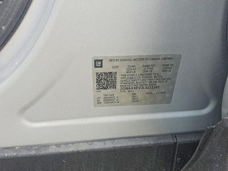 69792306 :رقم المزاد ، 2GNAXXEV3L6211161 vin ، 2020 Chevrolet Equinox مزاد بيع