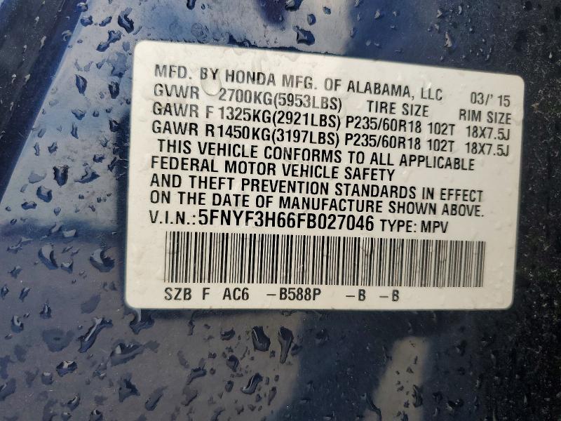 2015 Honda Pilot მანქანა იყიდება აუქციონზე, vin: 5FNYF3H66FB027046, აუქციონის ნომერი: 68421806