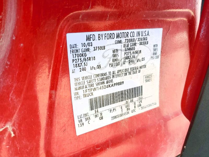 2004 Ford F150 მანქანა იყიდება აუქციონზე, vin: 1FTPW14524KA99889, აუქციონის ნომერი: 59409376