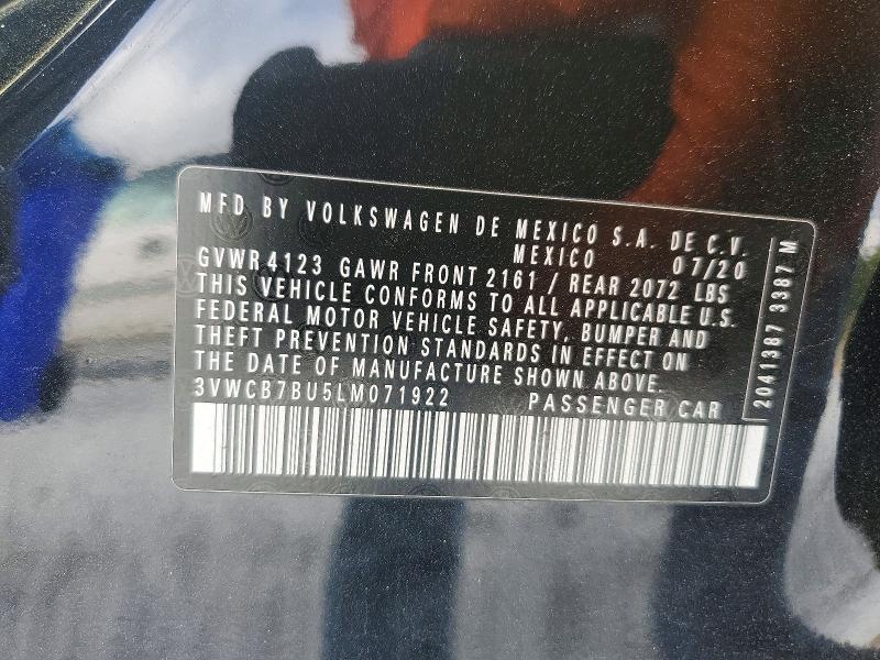 2020 Volkswagen Jetta მანქანა იყიდება აუქციონზე, vin: 3VWCB7BU5LM071922, აუქციონის ნომერი: 70042706