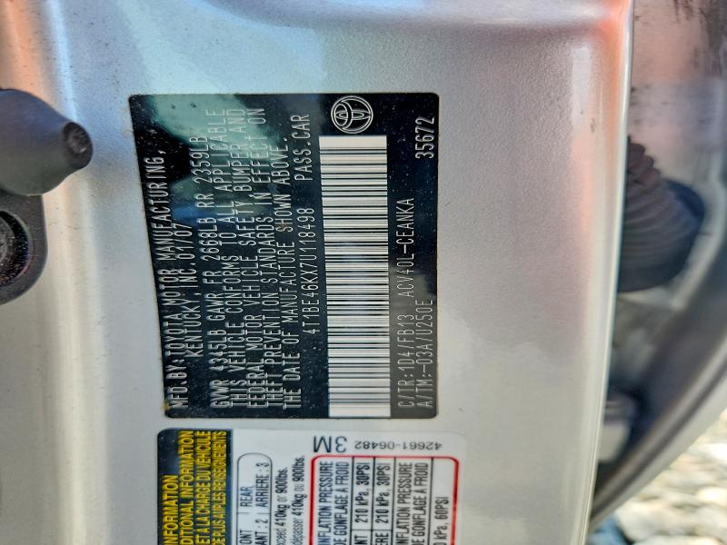 2007 Toyota Camry მანქანა იყიდება აუქციონზე, vin: 4T1BE46KX7U118498, აუქციონის ნომერი: 67501156