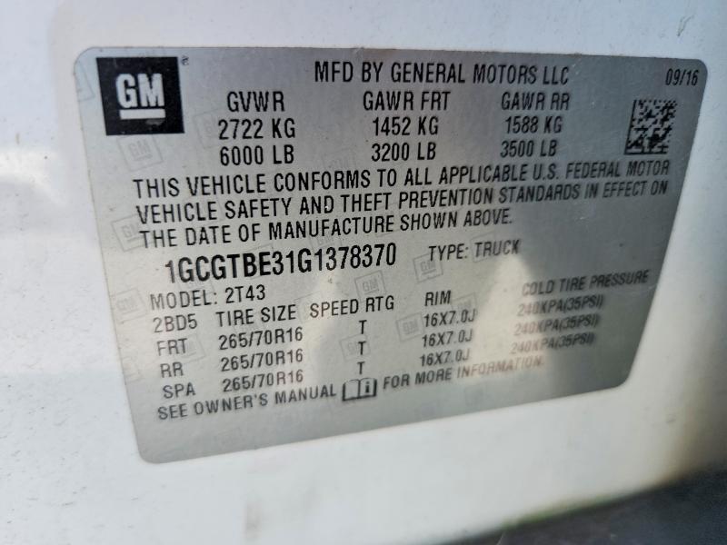 67184496 :رقم المزاد ، 1GCGTBE31G1378370 vin ، 2016 Chevrolet Colorado مزاد بيع