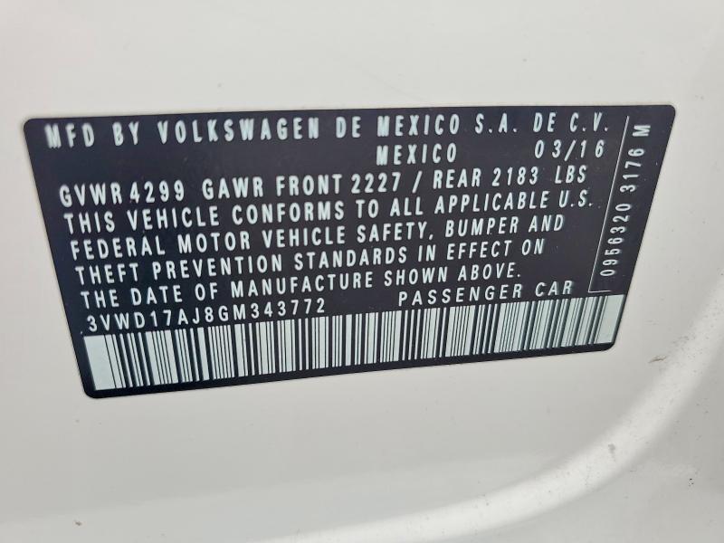 2016 Volkswagen Jetta მანქანა იყიდება აუქციონზე, vin: 3VWD17AJ8GM343772, აუქციონის ნომერი: 67490986