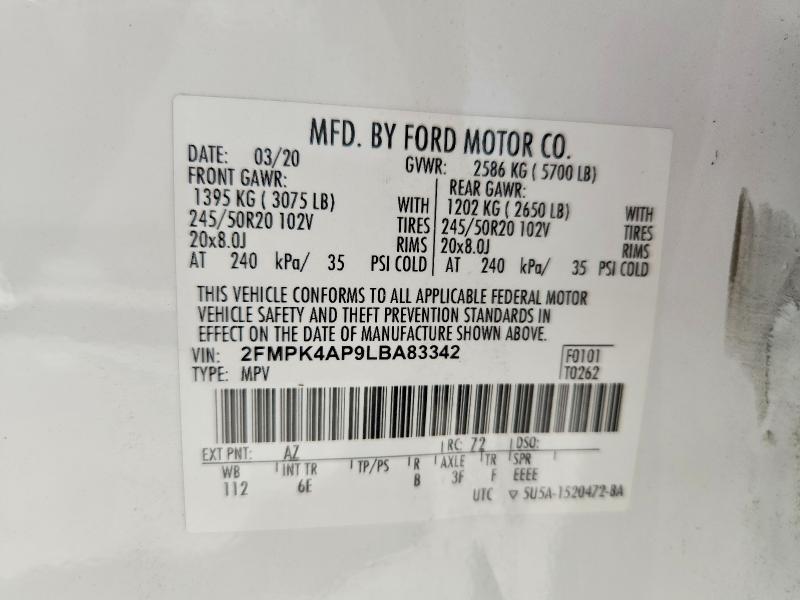 69196976 :رقم المزاد ، 2FMPK4AP9LBA83342 vin ، 2020 Ford Edge مزاد بيع