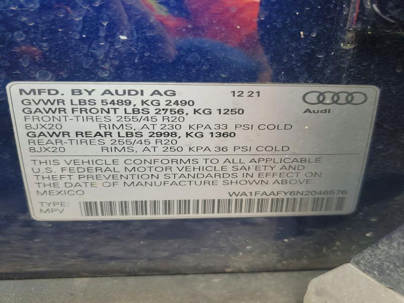 Aukcja sprzedaży 2022 Audi Q5, vin: WA1FAAFY6N2046576, numer aukcji: 68044436