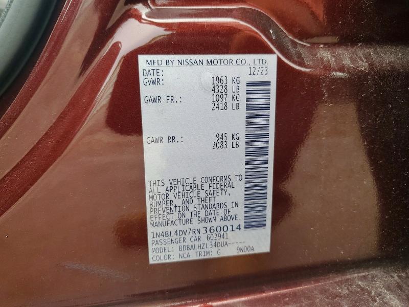 2024 Nissan Altima მანქანა იყიდება აუქციონზე, vin: 1N4BL4DV7RN360014, აუქციონის ნომერი: 68111926