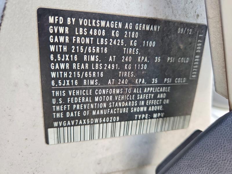 Продажа на аукционе авто 2013 Volkswagen Tiguan, vin: WVGAV7AX5DW540209, номер лота: 68416536