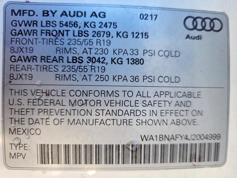 2018 Audi Q5 მანქანა იყიდება აუქციონზე, vin: WA1BNAFY4J2004999        , აუქციონის ნომერი: 67929206