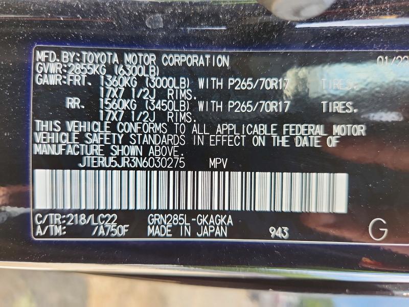 67120456 :رقم المزاد ، JTERU5JR3N6030275 vin ، 2022 Toyota 4runner مزاد بيع