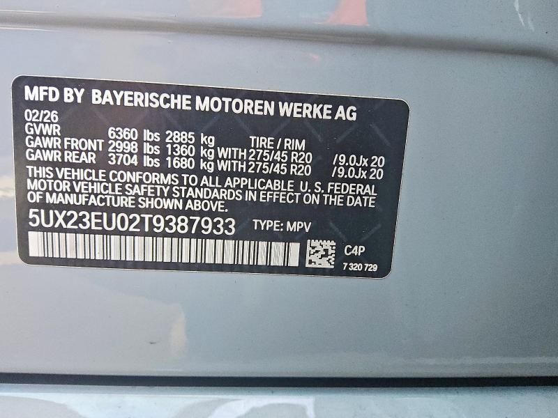 2026 Bmw X5 მანქანა იყიდება აუქციონზე, vin: 5UX23EU02T9387933, აუქციონის ნომერი: 69288406