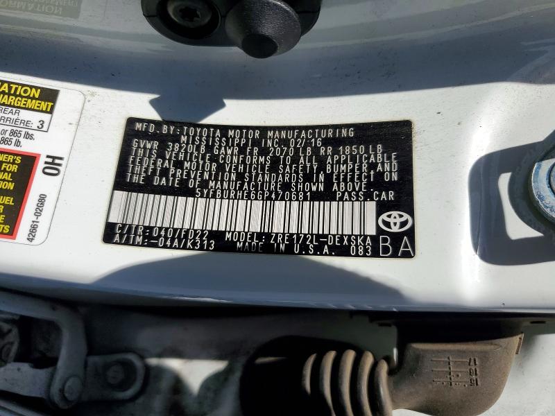 2016 Toyota Corolla მანქანა იყიდება აუქციონზე, vin: 5YFBURHE6GP470681, აუქციონის ნომერი: 67347876