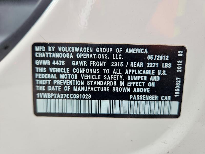Продажа на аукционе авто 2012 Volkswagen Passat, vin: 1VWBP7A37CC091029, номер лота: 67114296