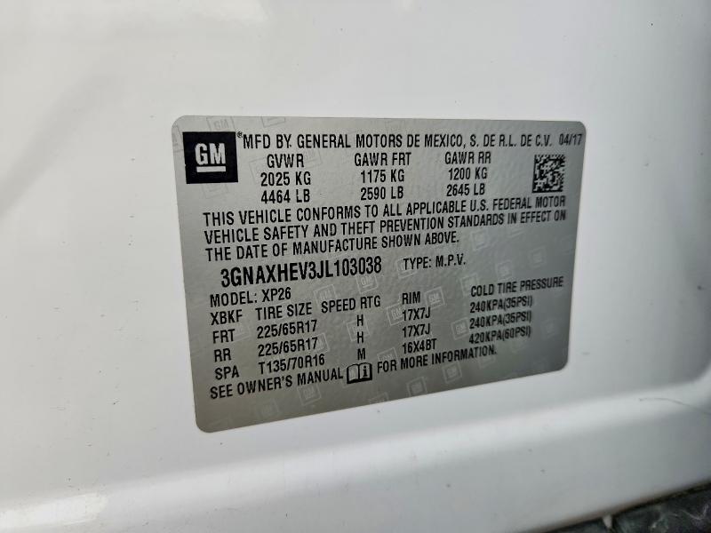 Aukcja sprzedaży 2018 Chevrolet Equinox, vin: 3GNAXHEV3JL103038, numer aukcji: 71023406