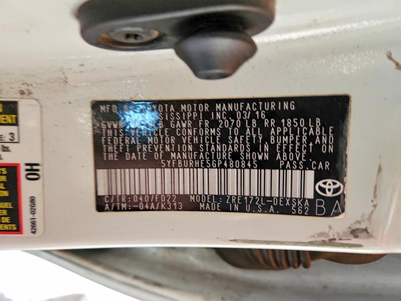 Продажа на аукционе авто 2016 Toyota Corolla, vin: 5YFBURHE5GP480845, номер лота: 70804286