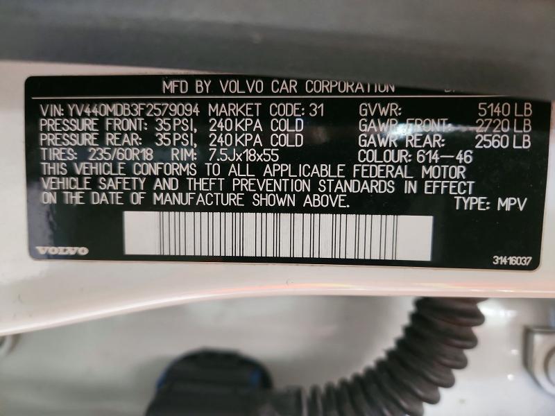 70434396 :رقم المزاد ، YV440MDB3F2579094 vin ، 2015 Volvo Xc60 مزاد بيع