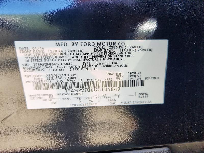69524166 :رقم المزاد ، 1FAHP2F86GG105849 vin ، 2016 Ford Taurus مزاد بيع