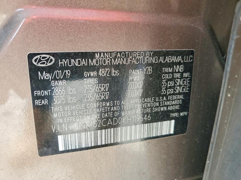 Продажа на аукционе авто 2019 Hyundai Santa Fe, vin: 5NMS2CAD0KH119546, номер лота: 69680566