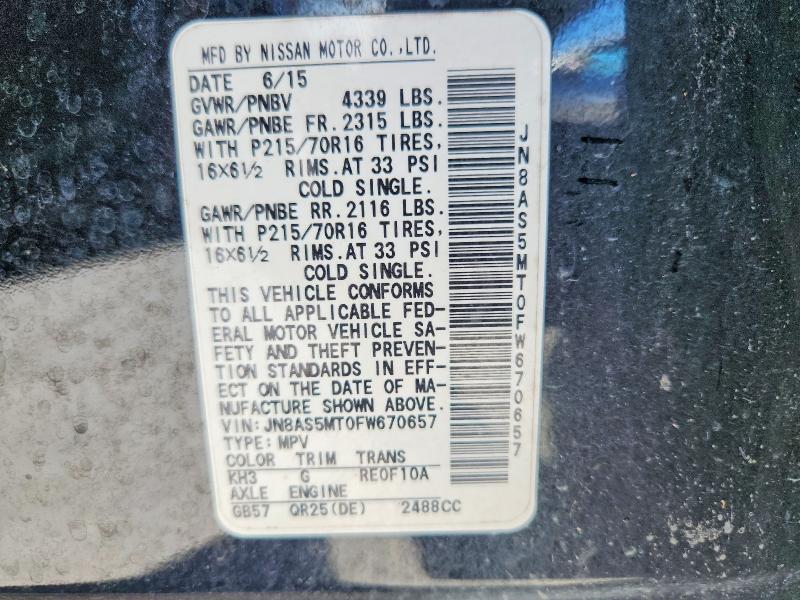 71027876 :رقم المزاد ، JN8AS5MT0FW670657 vin ، 2015 Nissan Rogue Select مزاد بيع